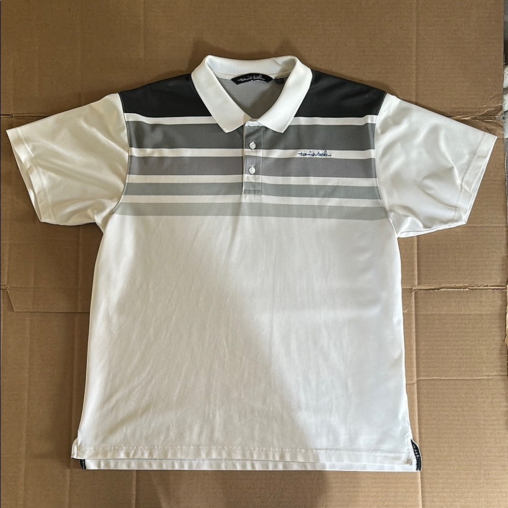 Travis Mathew White and Gray Striped Polo Shirt